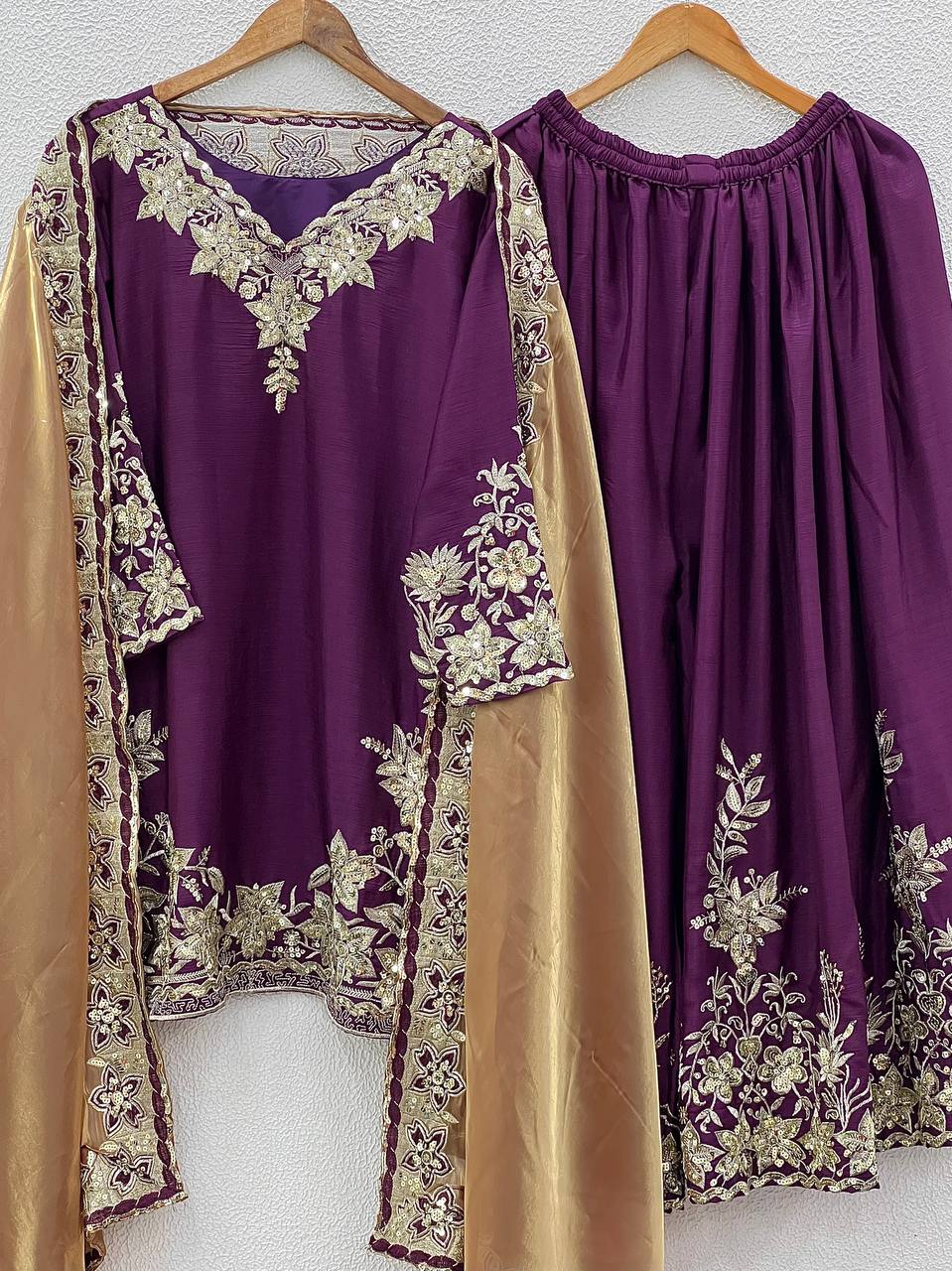 Designer Party Wear Chinnon Silk Heavy Embroidery Palazzo Set
