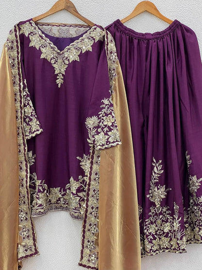 Designer Party Wear Chinnon Silk Heavy Embroidery Palazzo Set