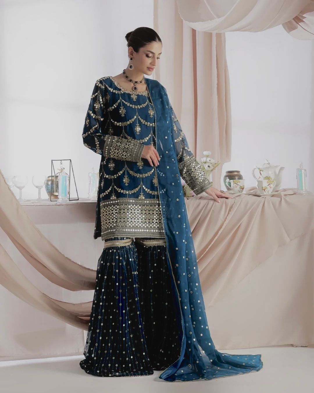 Shimmer Faux Georgette Embroidered Sharara Set