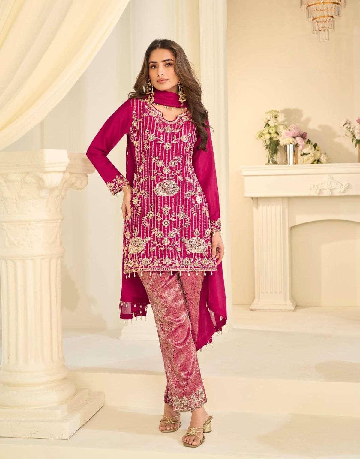 Royal Jacquard Beaded Chinon Silk Partywear Suit