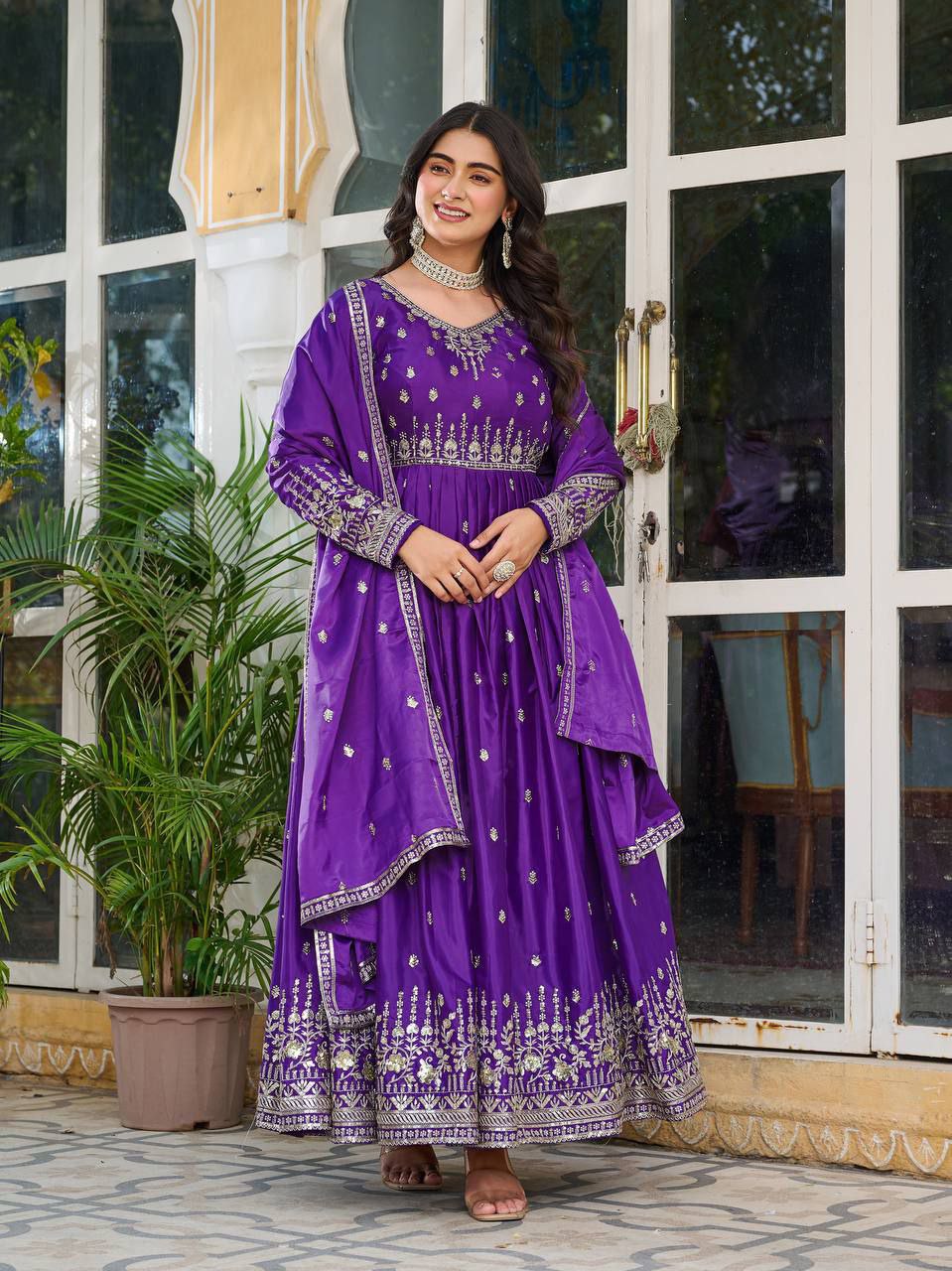 Exclusive  Designer American Silk Anarkali (Gwon) Set with Pent & Dupatta