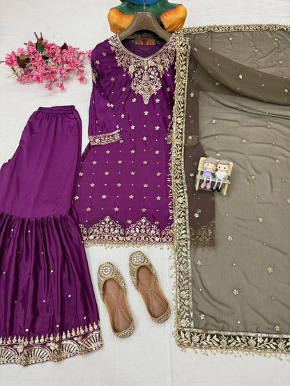 Vintage Radiance Chinon Silk Zari & Sequins Embroidered Sharara Set