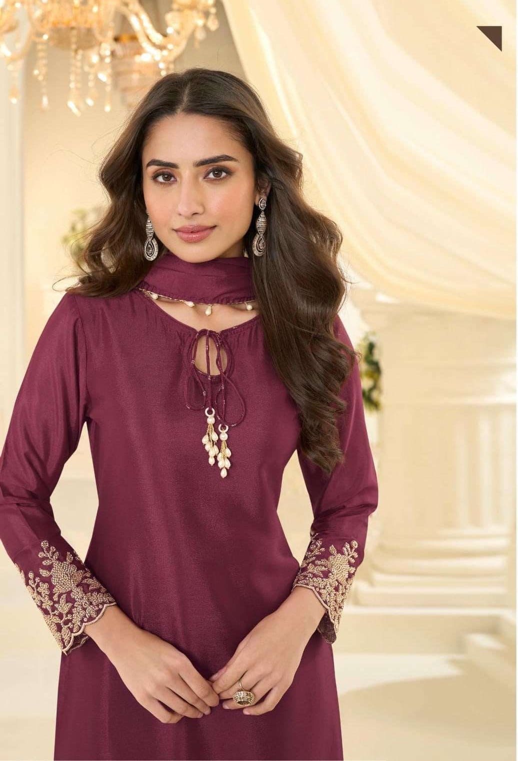 Beads Chinon Silk Designer Suit Set