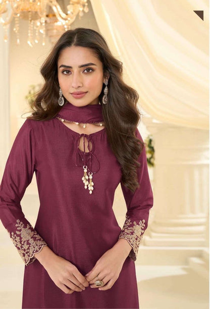 Beads Chinon Silk Designer Suit Set
