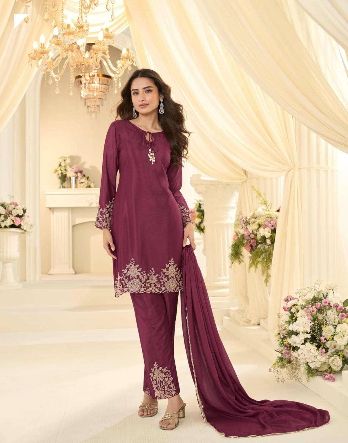 Beads Chinon Silk Designer Suit Set