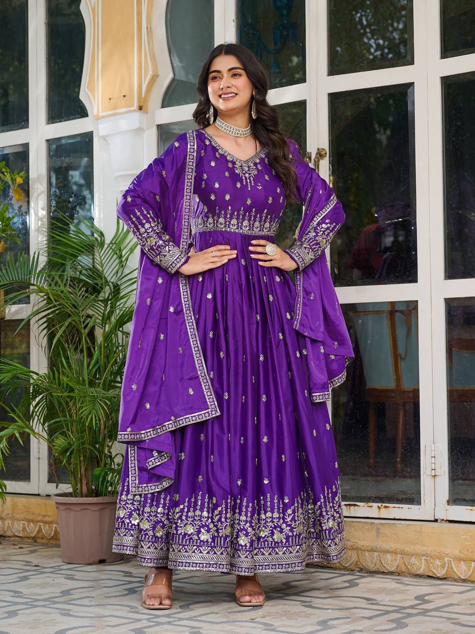 Exclusive  Designer American Silk Anarkali (Gwon) Set with Pent & Dupatta