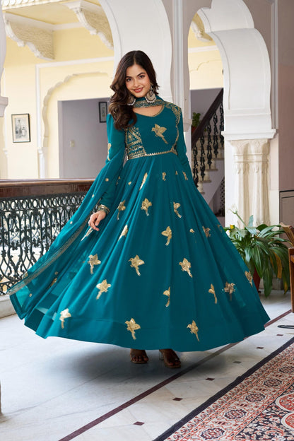 Elegant Party Wear Faux Georgette Gown With Pant & Dupatta