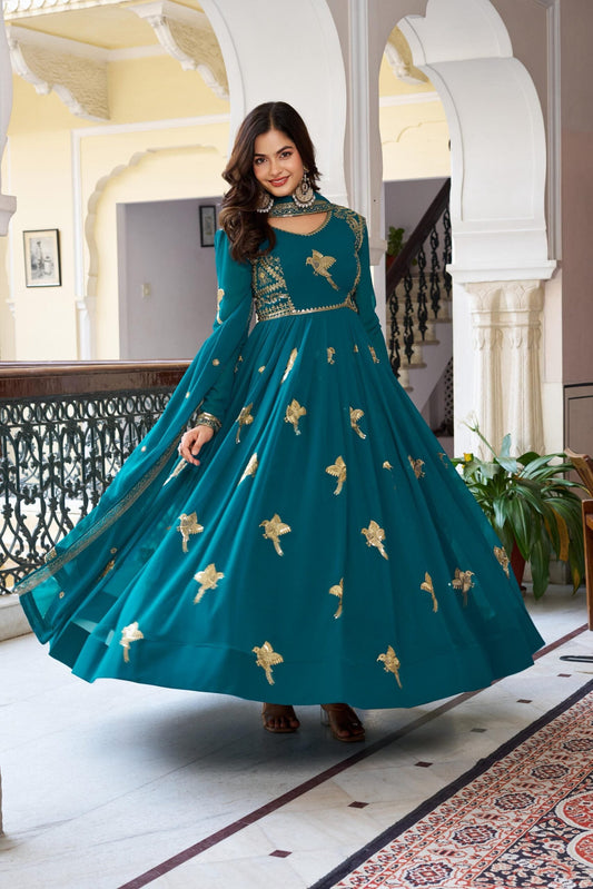 Elegant Party Wear Faux Georgette Gown With Pant & Dupatta