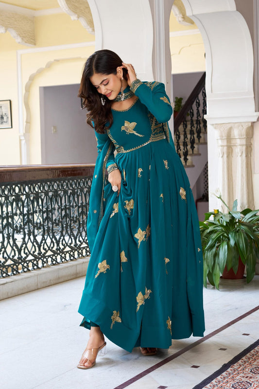 Elegant Party Wear Faux Georgette Gown With Pant & Dupatta