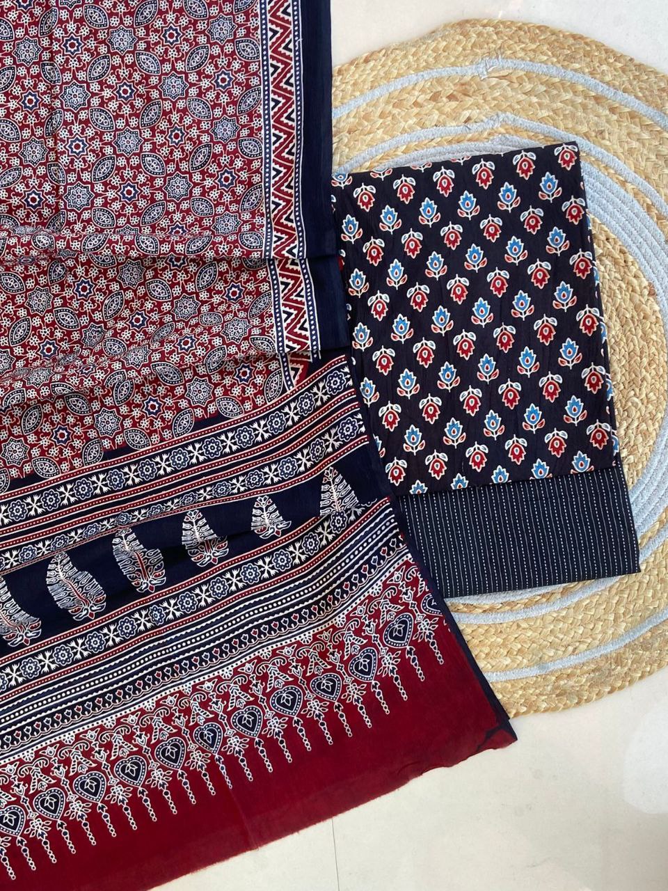 Ajrakh Cotton Suit Set With Cotton Dupatta – Premium Collection