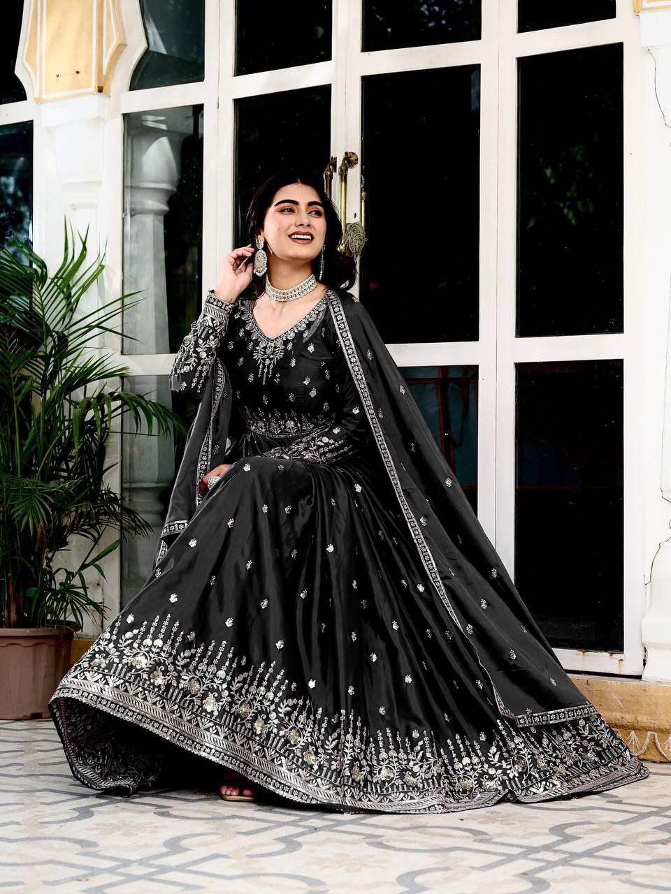 Exclusive  Designer American Silk Anarkali (Gwon) Set with Pent & Dupatta