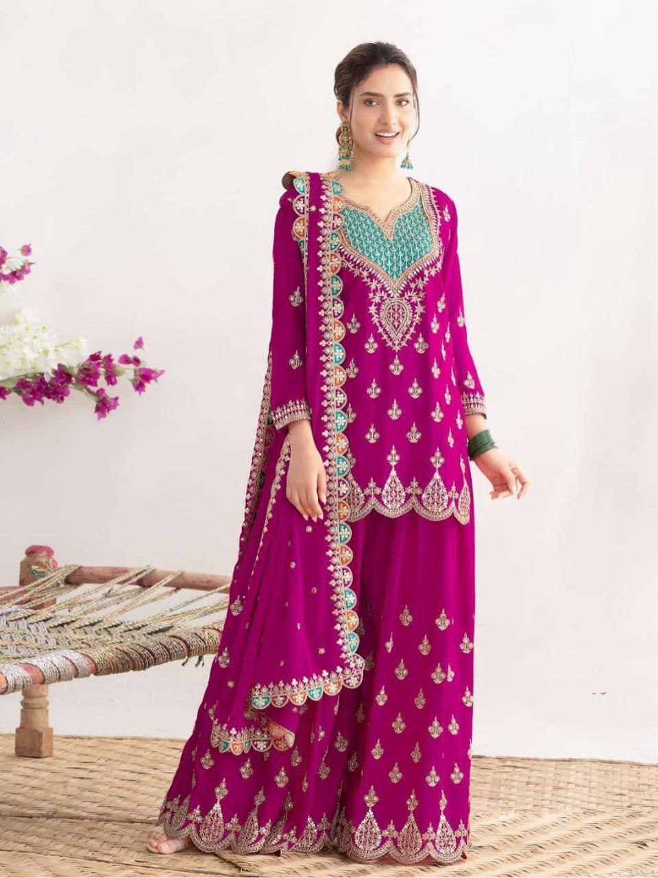 Regal Elegance Heavy Mirror Work Chinon Silk Ensemble