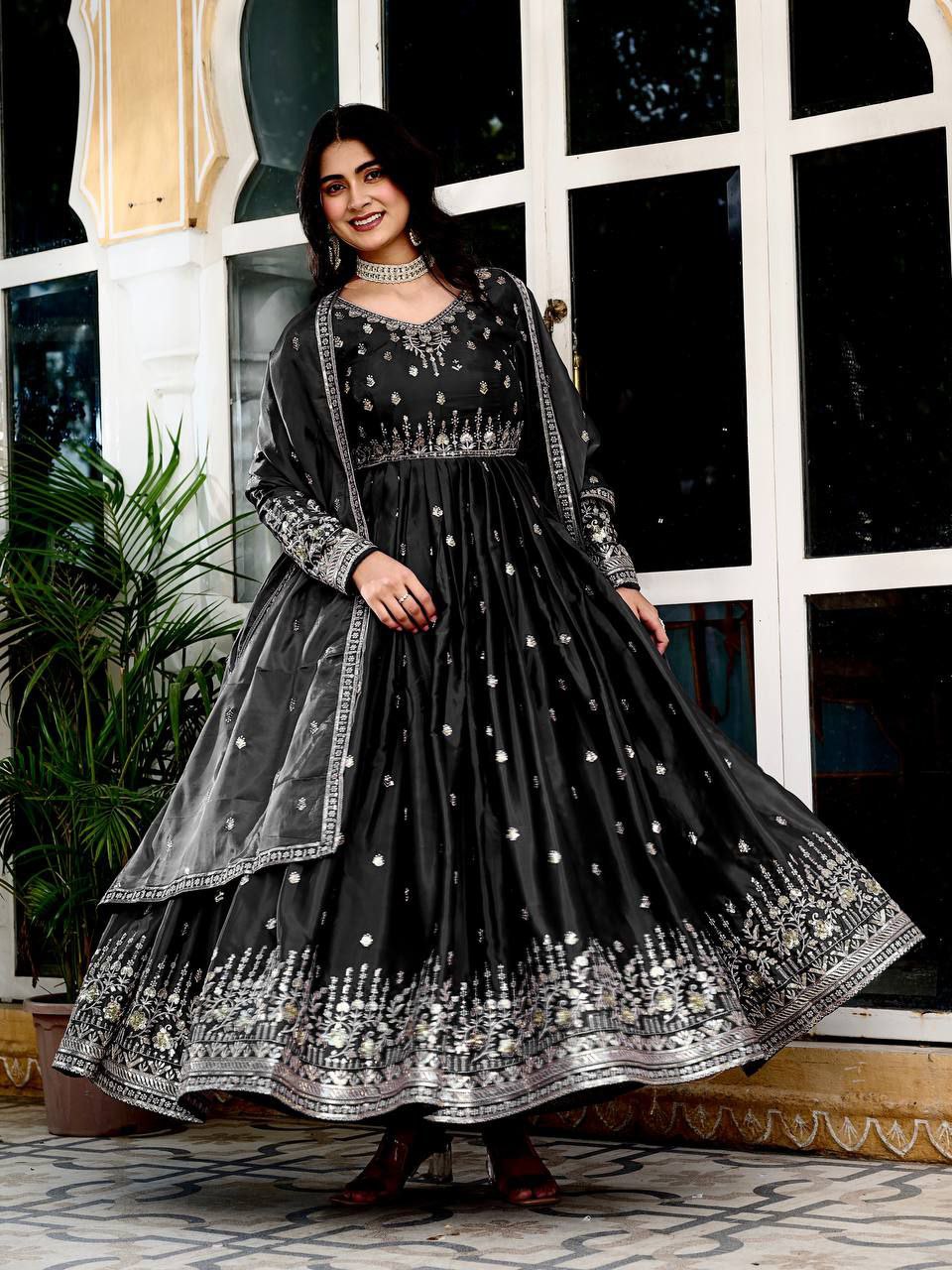 Exclusive  Designer American Silk Anarkali (Gwon) Set with Pent & Dupatta