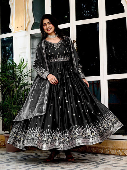 Exclusive  Designer American Silk Anarkali (Gwon) Set with Pent & Dupatta