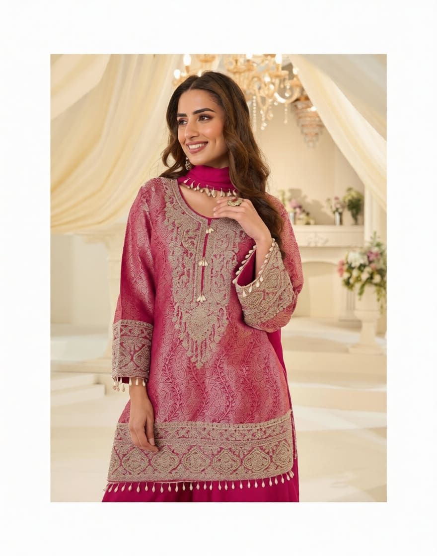 Royal Jacquard Beaded Chinon Silk Partywear Suit