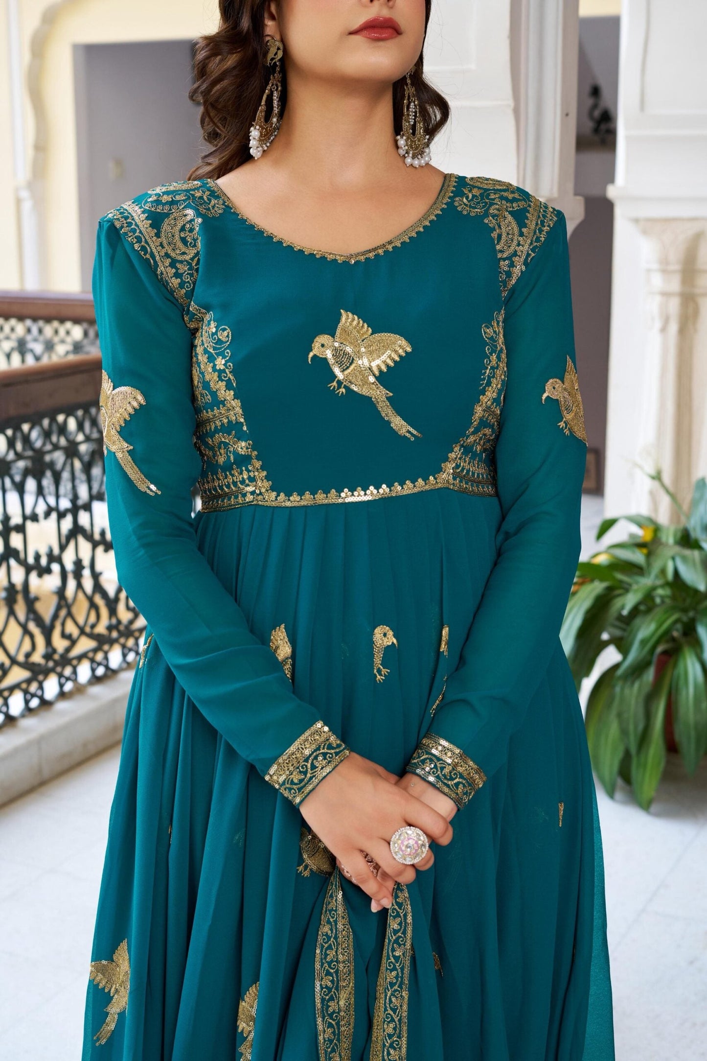 Elegant Party Wear Faux Georgette Gown With Pant & Dupatta